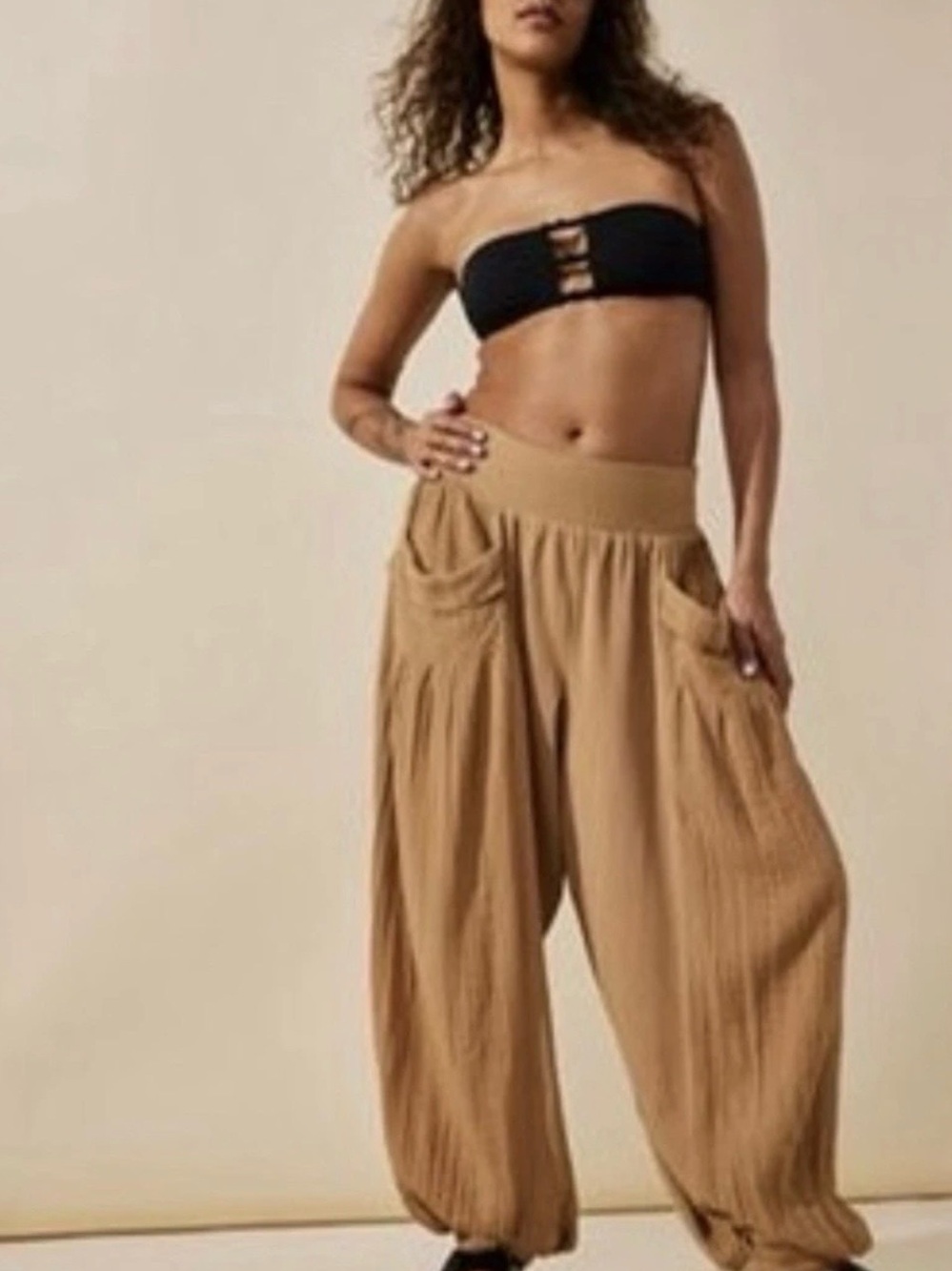 Free people beach Women’s Wide-Leg balloon jogger gauze Pocket Pants in tan
